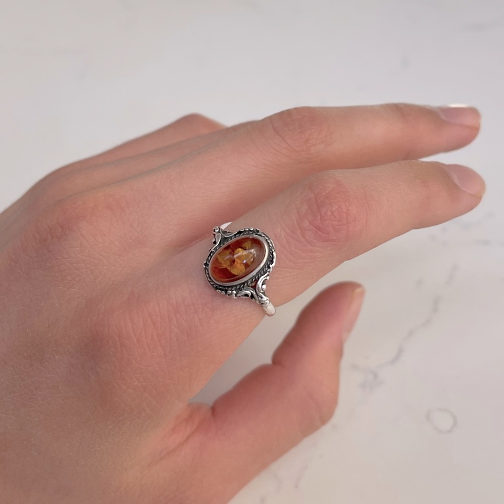 Natural Genuine Amber Sterling Silver Ring